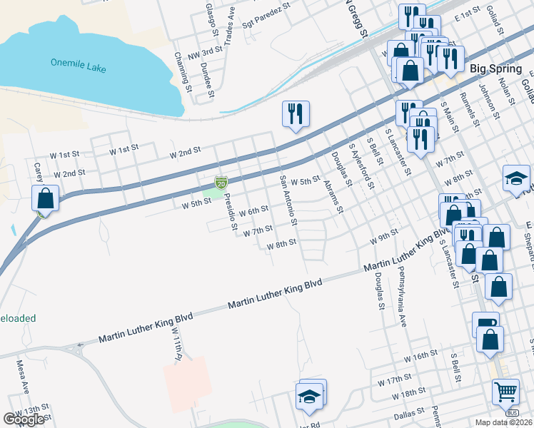 map of restaurants, bars, coffee shops, grocery stores, and more near 1001 West 6th Street in Big Spring