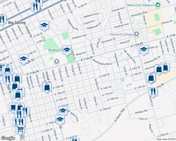 map of restaurants, bars, coffee shops, grocery stores, and more near 1101 East 13th Street in Big Spring