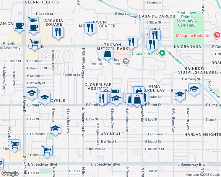 map of restaurants, bars, coffee shops, grocery stores, and more near 1913 North Beverly Avenue in Tucson