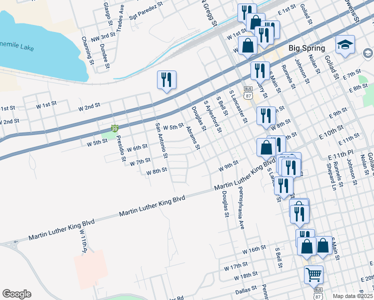 map of restaurants, bars, coffee shops, grocery stores, and more near 800-802 West 7th Street in Big Spring