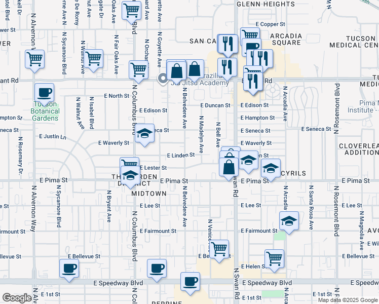 map of restaurants, bars, coffee shops, grocery stores, and more near 4513 East Linden Street in Tucson
