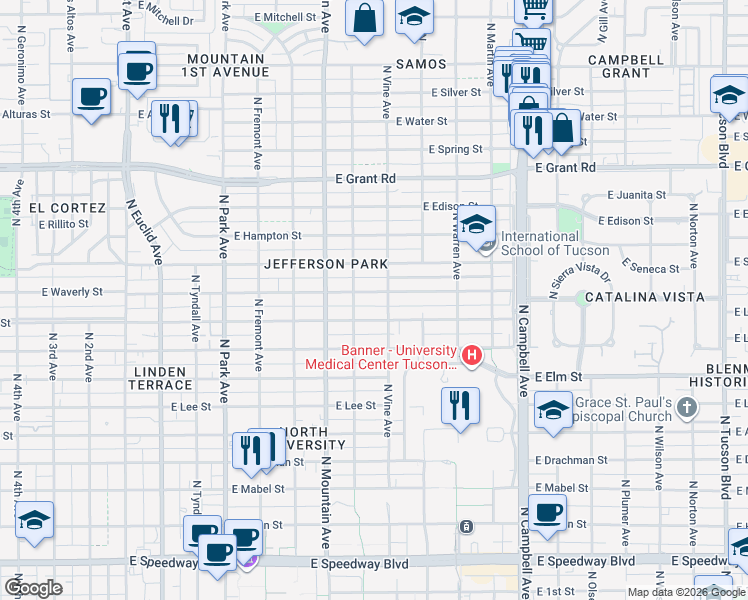 map of restaurants, bars, coffee shops, grocery stores, and more near 1430 East Waverly Street in Tucson