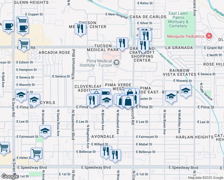 map of restaurants, bars, coffee shops, grocery stores, and more near 5325 East Linden Place in Tucson