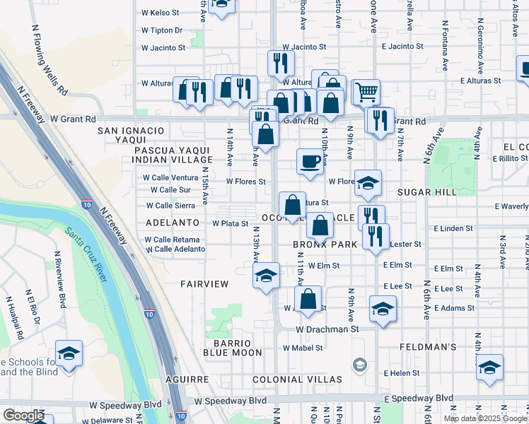 map of restaurants, bars, coffee shops, grocery stores, and more near 1919 North Oracle Road in Tucson