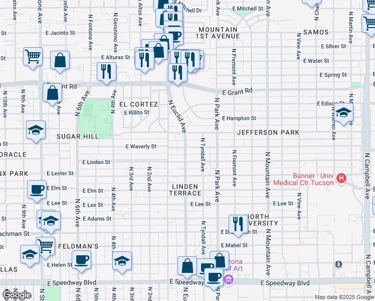 map of restaurants, bars, coffee shops, grocery stores, and more near 802 East Waverly Street in Tucson