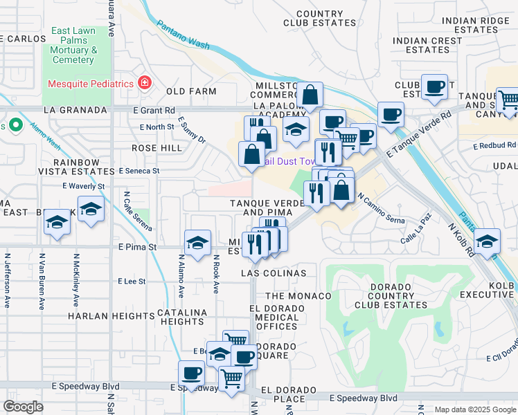 map of restaurants, bars, coffee shops, grocery stores, and more near 6363 North Wilmot Road in Tucson