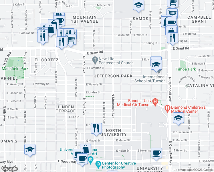 map of restaurants, bars, coffee shops, grocery stores, and more near 1220 East Waverly Street in Tucson