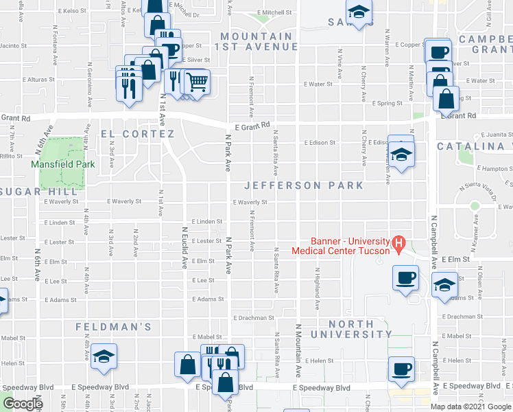 map of restaurants, bars, coffee shops, grocery stores, and more near 1104 East Waverly Street in Tucson