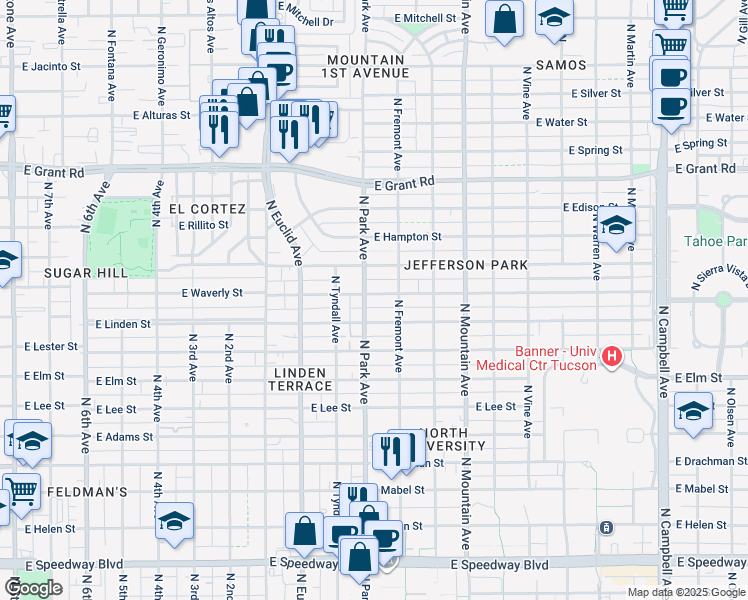 map of restaurants, bars, coffee shops, grocery stores, and more near 1990 North Park Avenue in Tucson