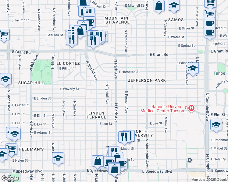 map of restaurants, bars, coffee shops, grocery stores, and more near 1990 North Park Avenue in Tucson