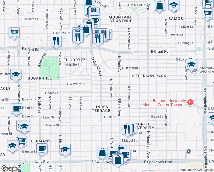 map of restaurants, bars, coffee shops, grocery stores, and more near 1980 North Tyndall Avenue in Tucson
