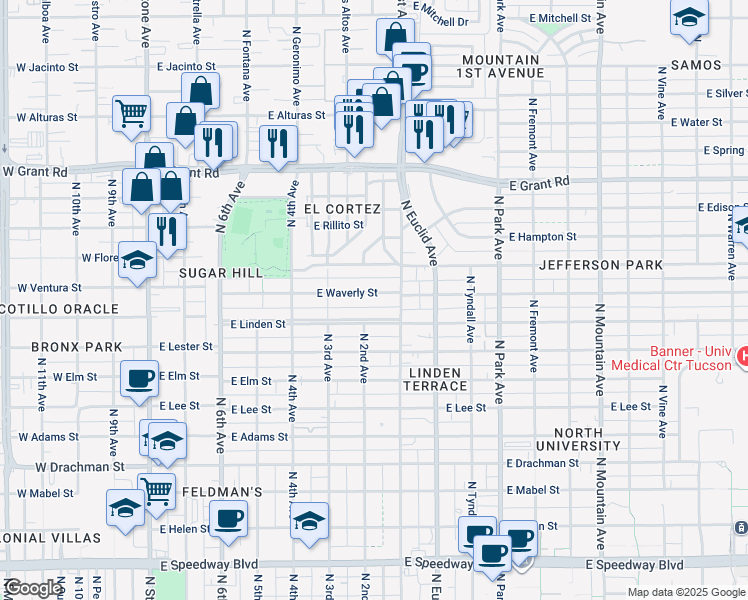 map of restaurants, bars, coffee shops, grocery stores, and more near 604 East Waverly Street in Tucson