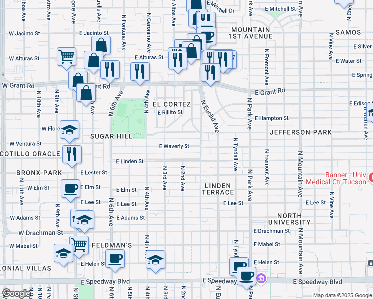 map of restaurants, bars, coffee shops, grocery stores, and more near 604 East Waverly Street in Tucson
