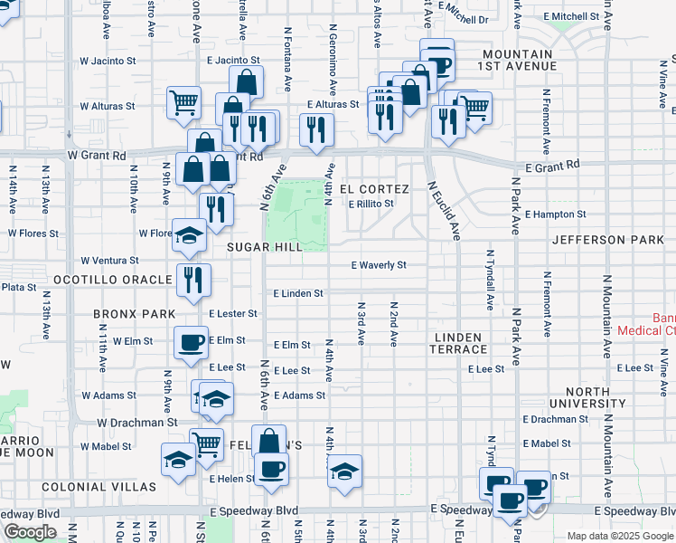 map of restaurants, bars, coffee shops, grocery stores, and more near 404 East Waverly Street in Tucson