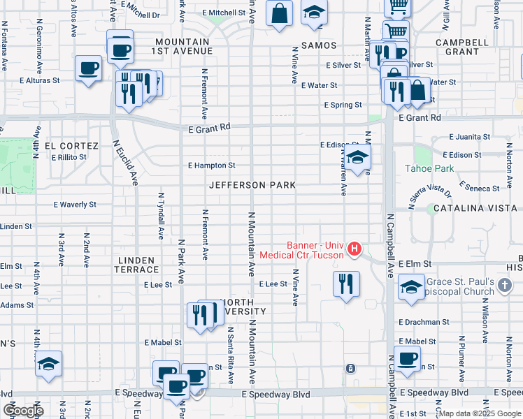 map of restaurants, bars, coffee shops, grocery stores, and more near 1318 East Waverly Street in Tucson