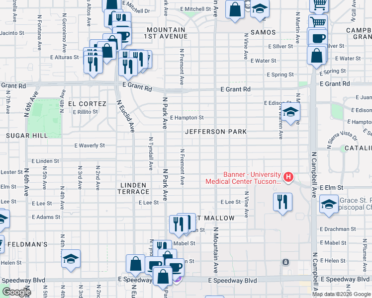 map of restaurants, bars, coffee shops, grocery stores, and more near 1104 East Waverly Street in Tucson