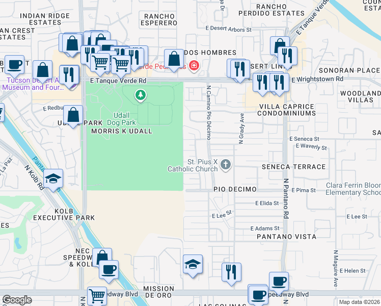 map of restaurants, bars, coffee shops, grocery stores, and more near 7521 East Linden Circle in Tucson