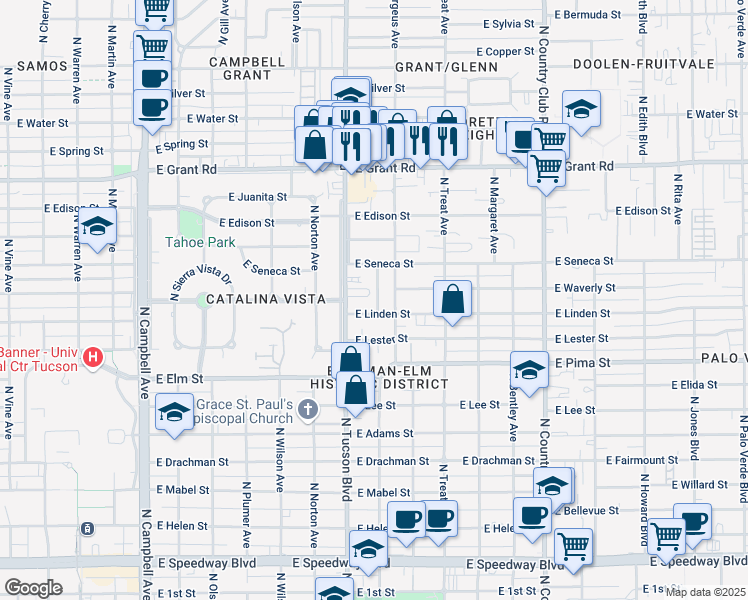 map of restaurants, bars, coffee shops, grocery stores, and more near 1917 North Tucker Drive in Tucson