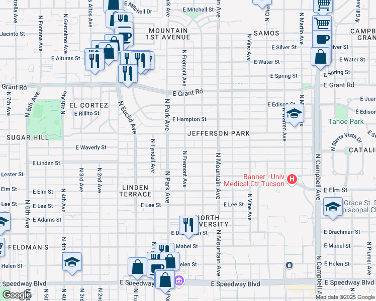 map of restaurants, bars, coffee shops, grocery stores, and more near 1104 East Waverly Street in Tucson