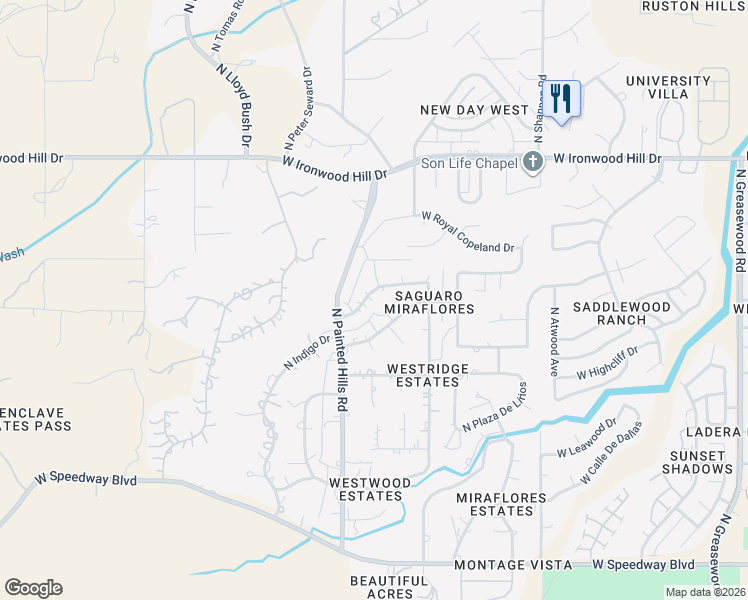 map of restaurants, bars, coffee shops, grocery stores, and more near 3255 West Saguaro West Trail in Tucson