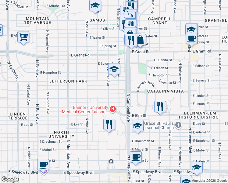 map of restaurants, bars, coffee shops, grocery stores, and more near 1728 East Waverly Street in Tucson