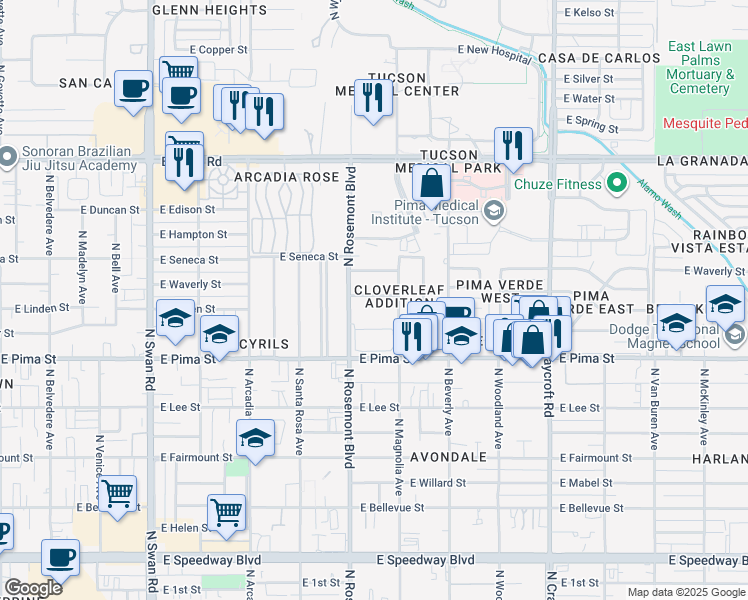 map of restaurants, bars, coffee shops, grocery stores, and more near 5134 East Citrus Street in Tucson