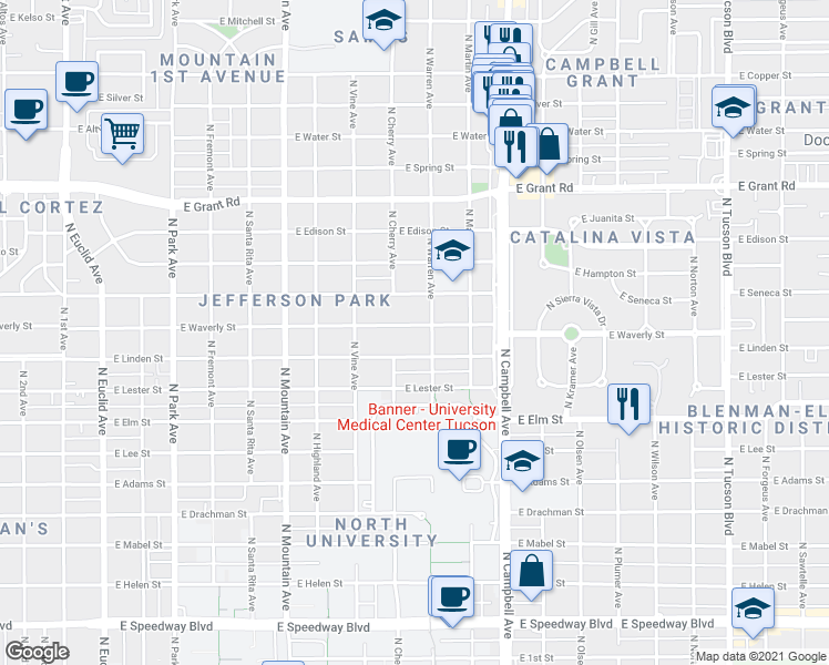 map of restaurants, bars, coffee shops, grocery stores, and more near 1628 East Waverly Street in Tucson