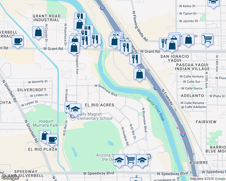 map of restaurants, bars, coffee shops, grocery stores, and more near 1448 West Riverview Boulevard in Tucson