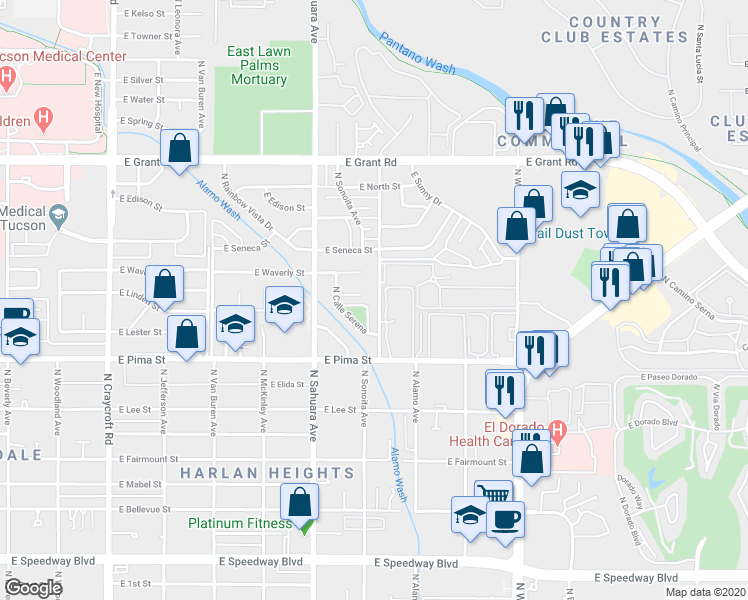 map of restaurants, bars, coffee shops, grocery stores, and more near 1909 North Ridgeway Road in Tucson