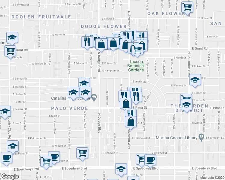 map of restaurants, bars, coffee shops, grocery stores, and more near 1911 North Winstel Boulevard in Tucson