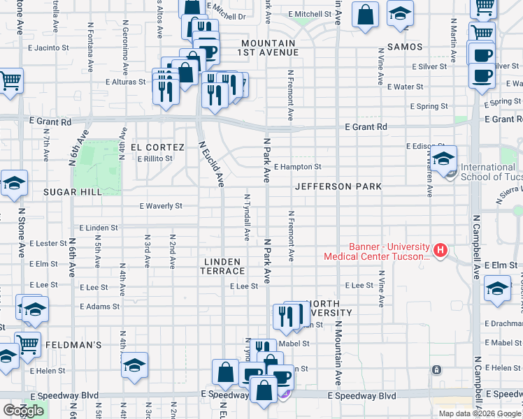 map of restaurants, bars, coffee shops, grocery stores, and more near 1990 North Park Avenue in Tucson