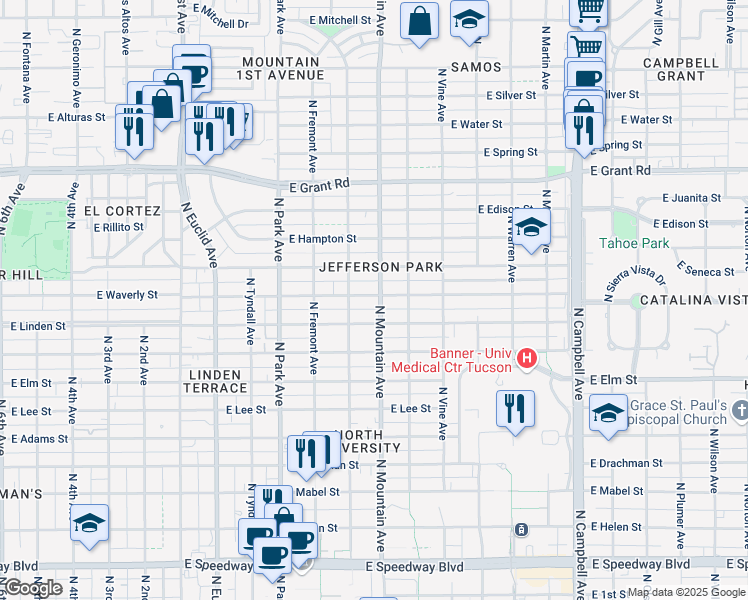 map of restaurants, bars, coffee shops, grocery stores, and more near 1220 East Waverly Street in Tucson