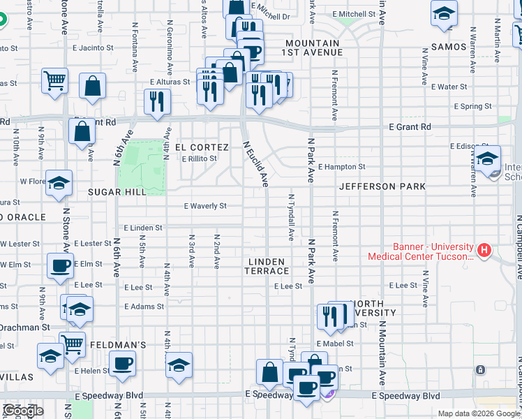 map of restaurants, bars, coffee shops, grocery stores, and more near 802 East Waverly Street in Tucson