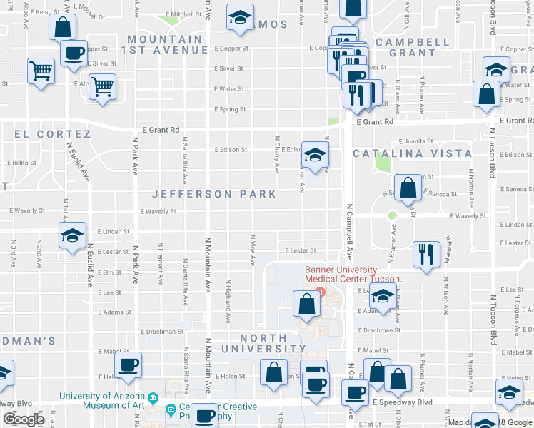 map of restaurants, bars, coffee shops, grocery stores, and more near 1520 East Waverly Street in Tucson