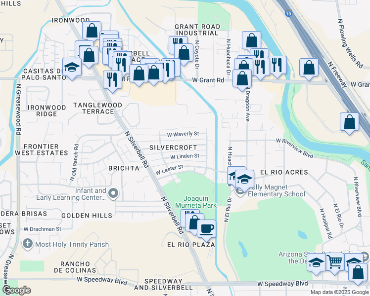 map of restaurants, bars, coffee shops, grocery stores, and more near 1843 West Riverview Street in Tucson