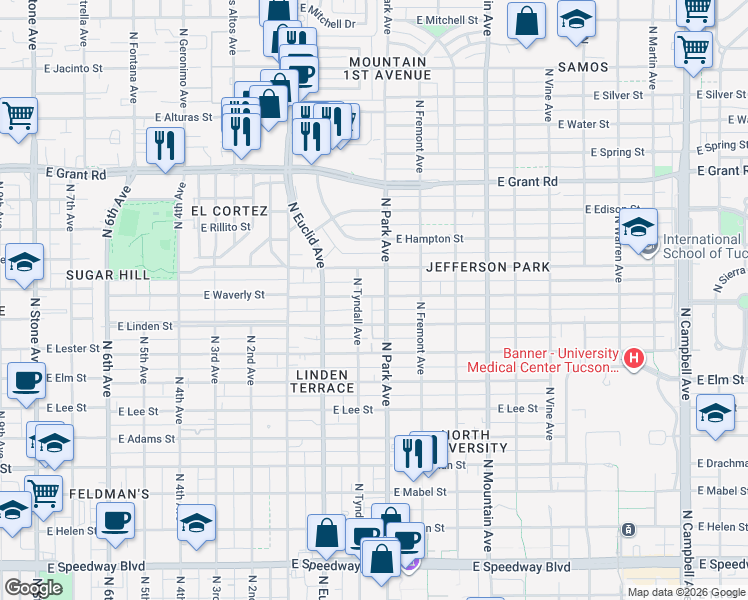map of restaurants, bars, coffee shops, grocery stores, and more near 1980 North Tyndall Avenue in Tucson