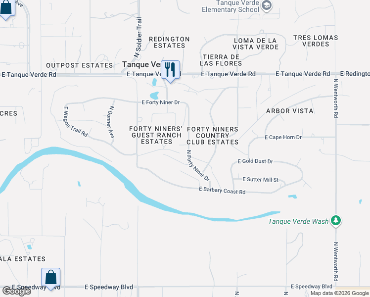 map of restaurants, bars, coffee shops, grocery stores, and more near 12060 East Fools Gold Circle in Tucson