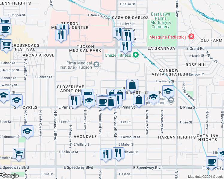 map of restaurants, bars, coffee shops, grocery stores, and more near 1840 North Craycroft Road in Tucson