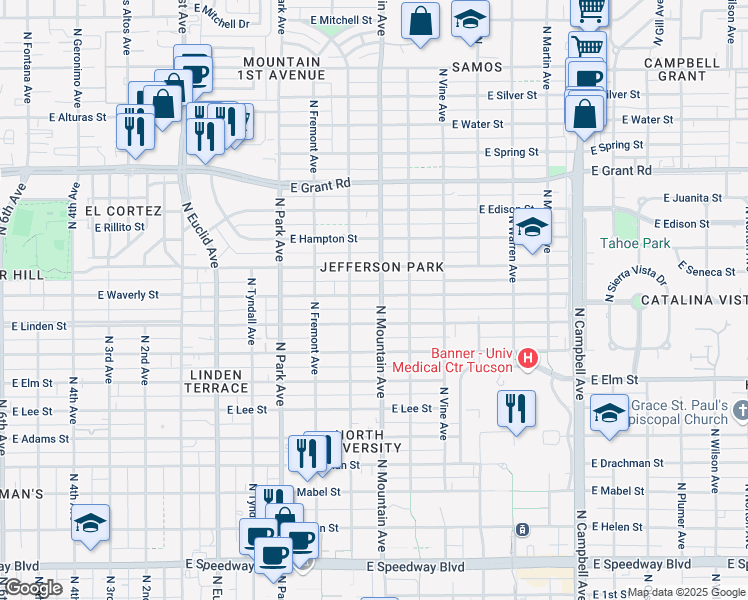 map of restaurants, bars, coffee shops, grocery stores, and more near 1220 East Waverly Street in Tucson