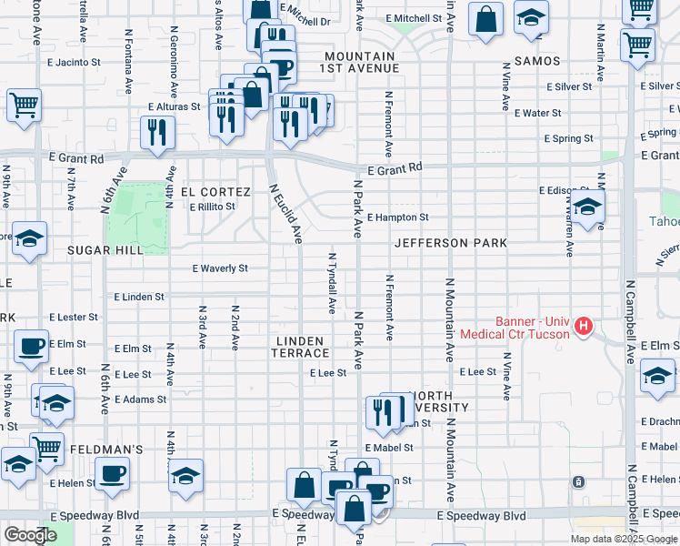 map of restaurants, bars, coffee shops, grocery stores, and more near 1980 North Tyndall Avenue in Tucson