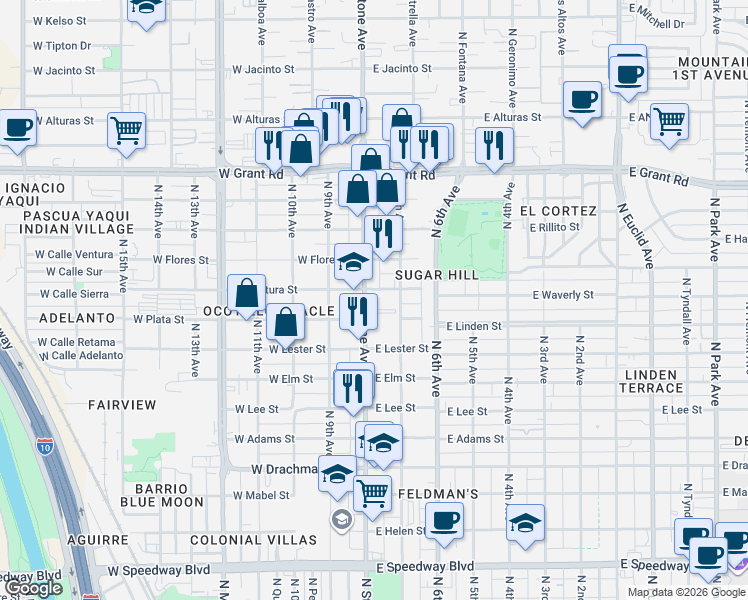 map of restaurants, bars, coffee shops, grocery stores, and more near 1920 North Stone Avenue in Tucson
