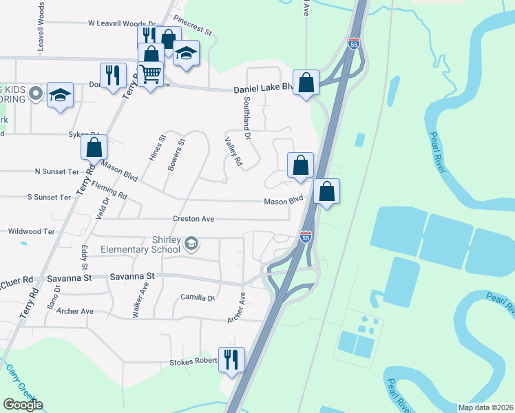map of restaurants, bars, coffee shops, grocery stores, and more near 415 Mason Boulevard in Jackson