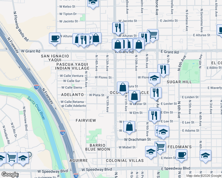 map of restaurants, bars, coffee shops, grocery stores, and more near 1919 North Oracle Road in Tucson