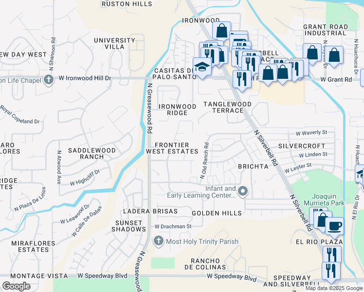 map of restaurants, bars, coffee shops, grocery stores, and more near 1822 North Horseshoe Trail in Tucson