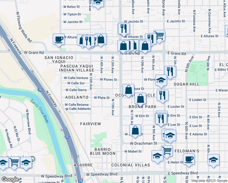 map of restaurants, bars, coffee shops, grocery stores, and more near 1919 North Oracle Road in Tucson
