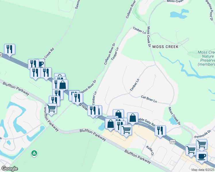map of restaurants, bars, coffee shops, grocery stores, and more near 17 Button Bush Lane in Hilton Head Island