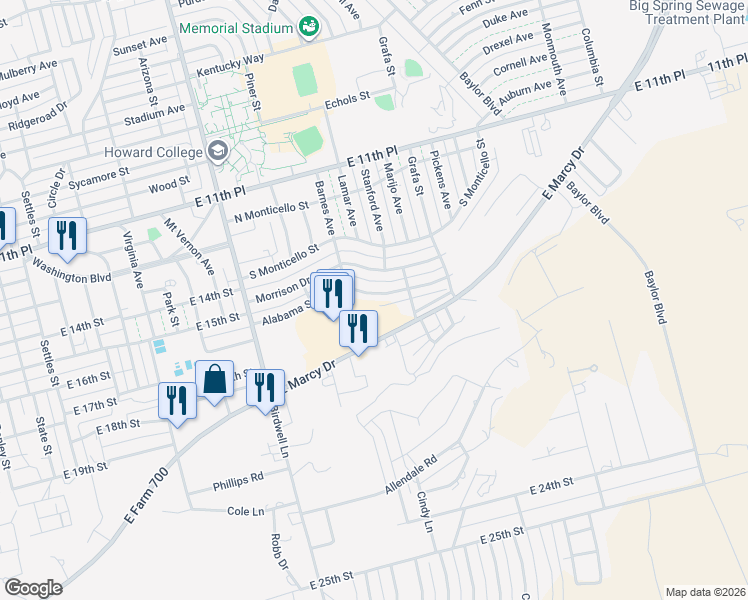 map of restaurants, bars, coffee shops, grocery stores, and more near 2100-2398 Alabama Street in Big Spring
