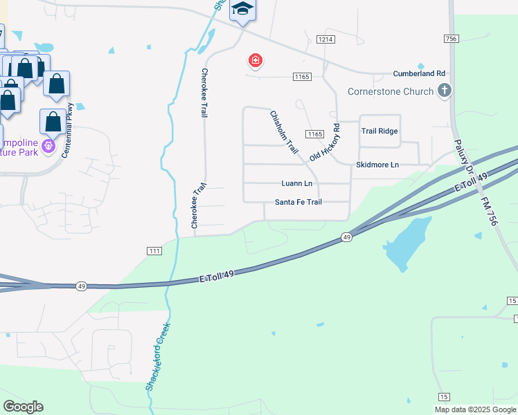 map of restaurants, bars, coffee shops, grocery stores, and more near 1261 Santa Fe Trail in Tyler