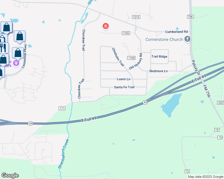 map of restaurants, bars, coffee shops, grocery stores, and more near 1261 Santa Fe Trail in Tyler
