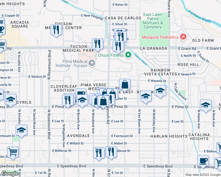 map of restaurants, bars, coffee shops, grocery stores, and more near 1840 North Craycroft Road in Tucson